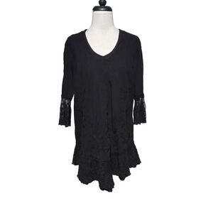 Gretty Zueger Black Boho Shabby Chic Embroidered Tunic Size Small